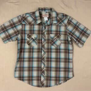 Wrangler Men's Blue and Brown Short Sleeve Plaid Button Down Shirt Size Large